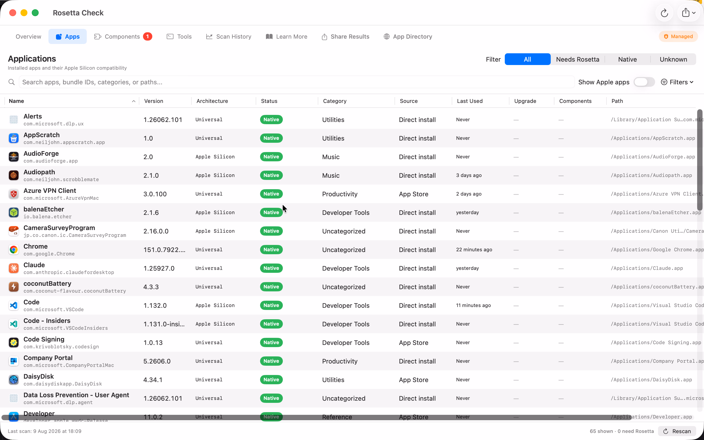 Rosetta Check 3.0 Apps table with sortable compatibility, architecture, source, usage, component, and path columns