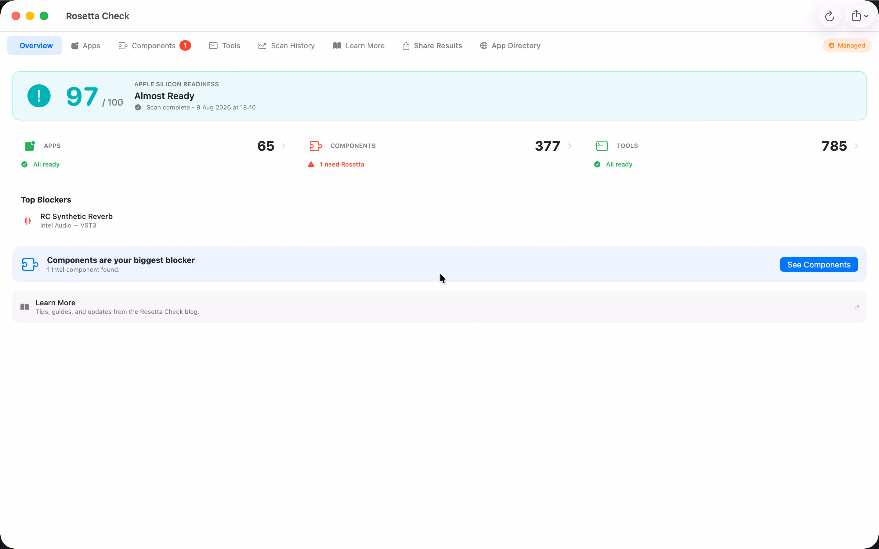 Rosetta Check 3.0 Overview showing one readiness score for apps, components, and command-line Tools