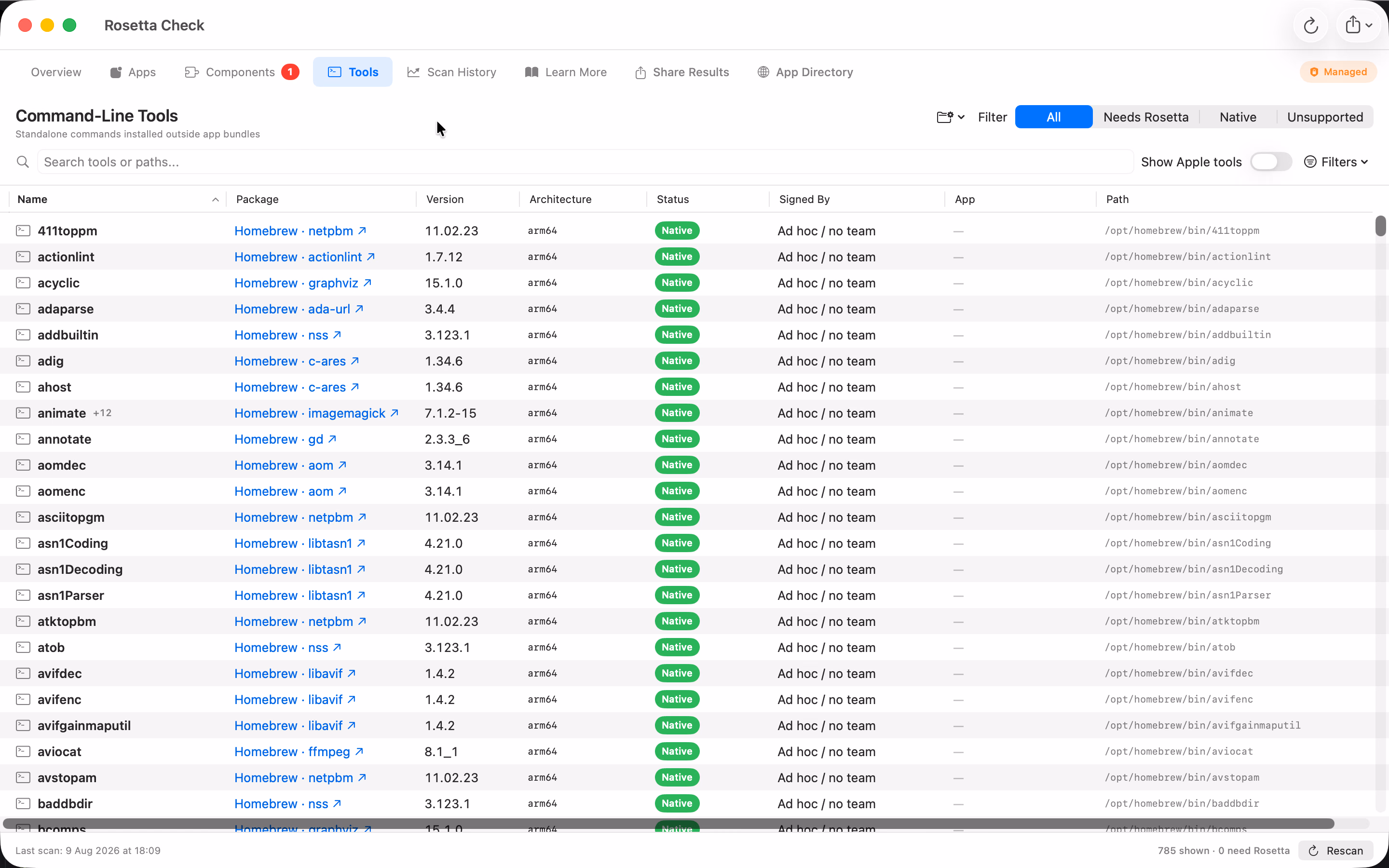 Rosetta Check 3.0 Tools table showing package, version, architecture, signer, related app, and path columns