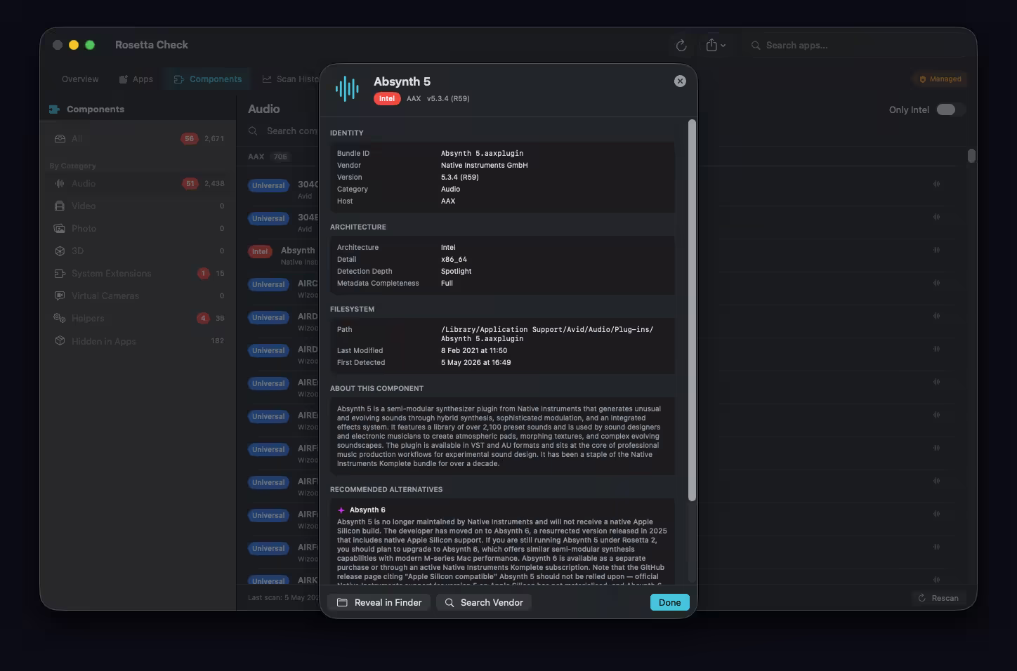 Rosetta Check showing an Intel-only Native Instruments Absynth 5 AAX plug-in, with its architecture badge, install path and a recommended native Apple silicon alternative