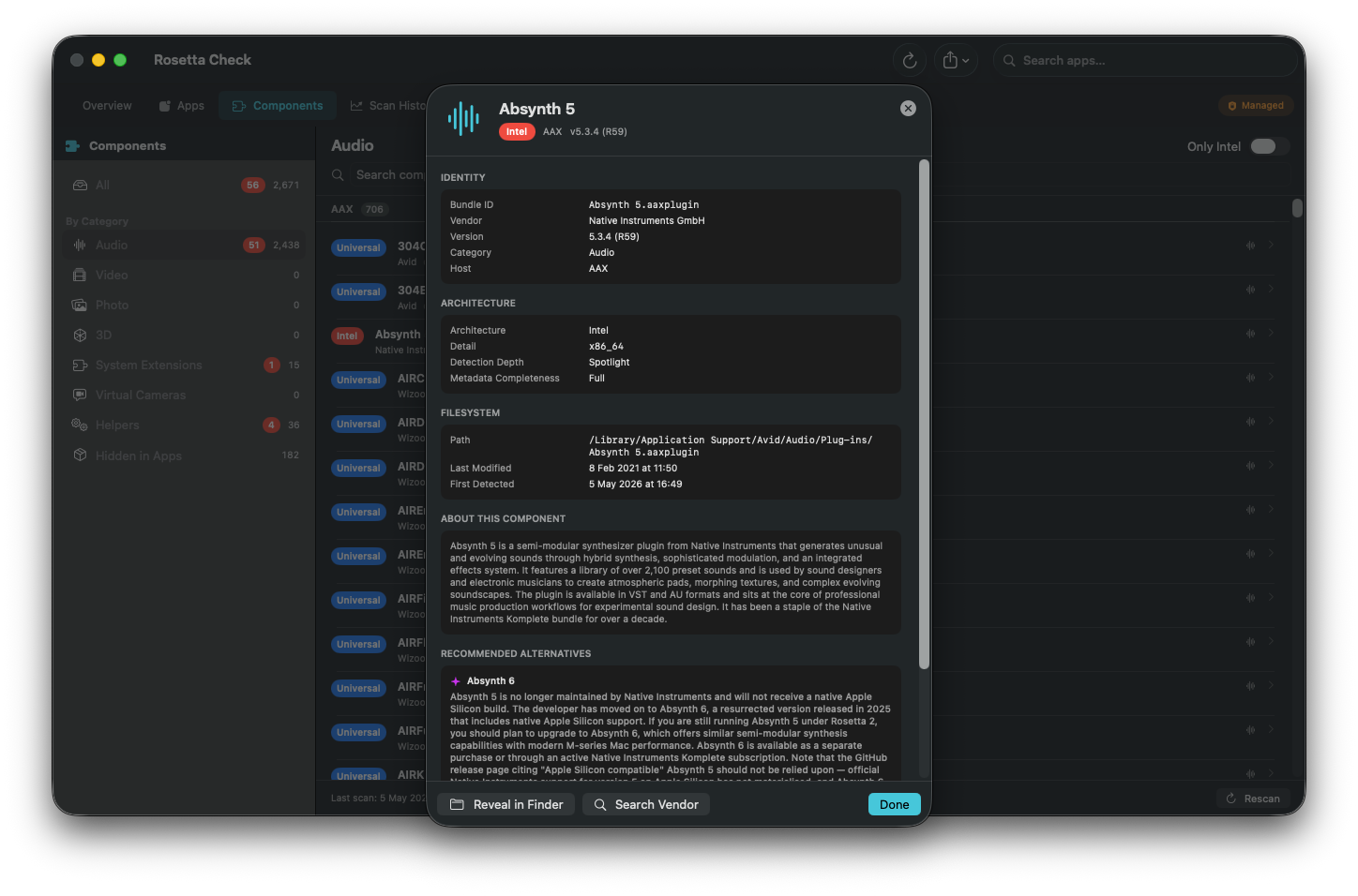 Rosetta Check 2.0 plugin detail view showing architecture and file path