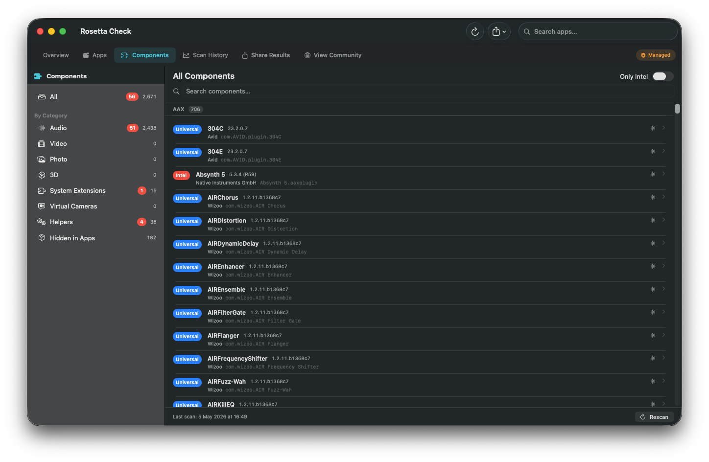 Rosetta Check 2.0 Components scanning view showing detected Intel plugins
